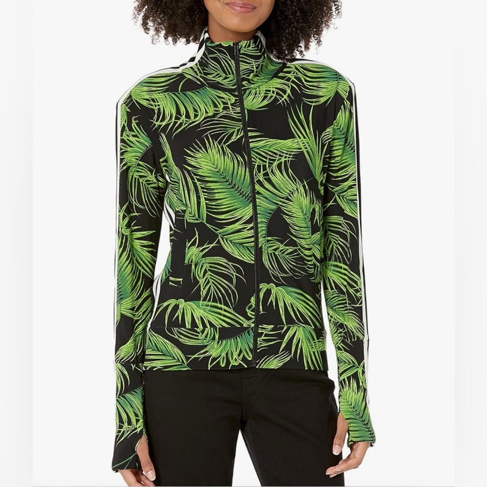 Norma Kamali Black and Green Leaf Pattern Turtle Side Stripe Jacket Sz. Lg